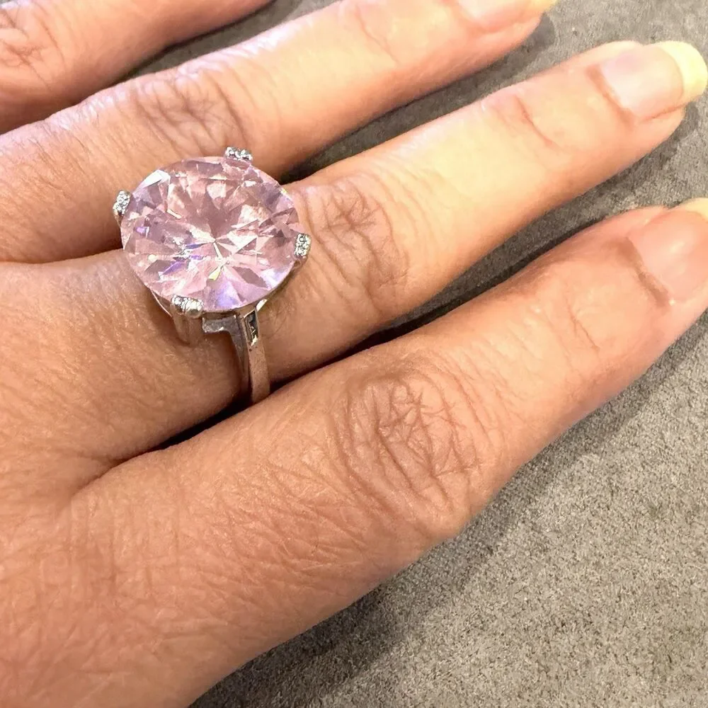 925 Sterling Silver Pink Solitaire Ring Round Cut Promise Engagement Ring Sz 6